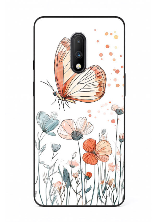 Hand-drawn butterfly meadow artwork on OnePlus 7 glass back cover with soft botanical illustration.