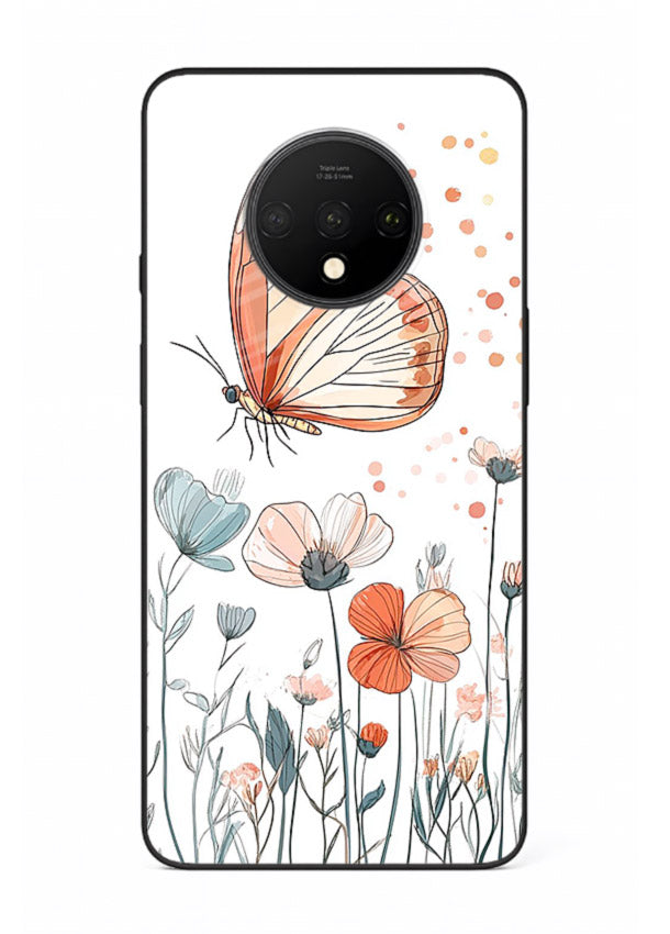Hand-drawn butterfly meadow artwork on OnePlus 7T glass back cover with soft botanical illustration.