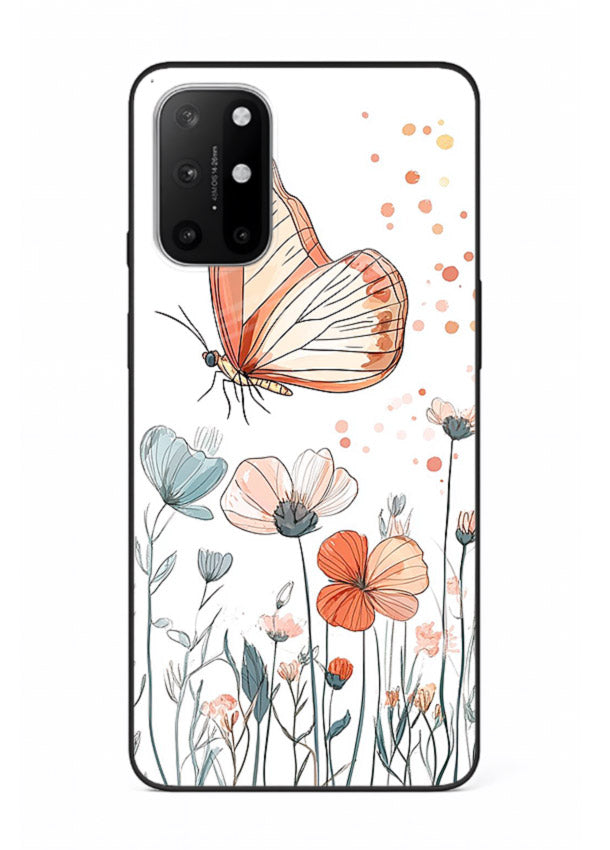 Hand-drawn butterfly meadow artwork on OnePlus 8T glass back cover with soft botanical illustration.