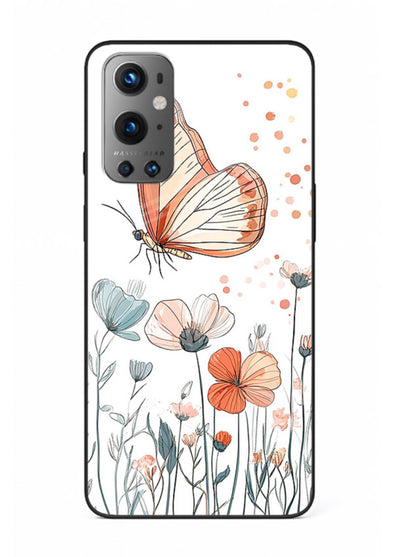 Hand-drawn butterfly meadow artwork on OnePlus 9 glass back cover with soft botanical illustration.