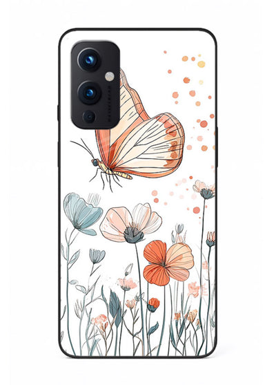 Hand-drawn butterfly meadow artwork on OnePlus 9 Pro glass back cover with soft botanical illustration.