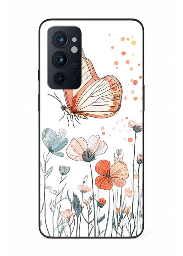 Hand-drawn butterfly meadow artwork on OnePlus 9RT glass back cover with soft botanical illustration.