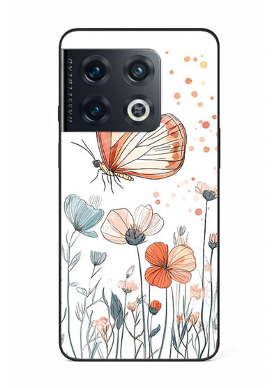 Hand-drawn butterfly meadow artwork on OnePlus 10 Pro glass back cover with soft botanical illustration.