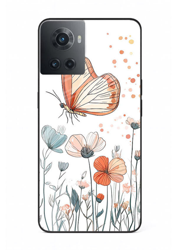 Hand-drawn butterfly meadow artwork on OnePlus 10R glass back cover with soft botanical illustration.
