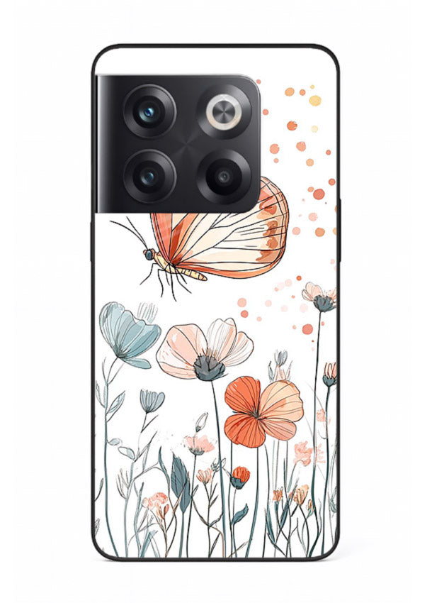 Hand-drawn butterfly meadow artwork on OnePlus 10T glass back cover with soft botanical illustration.
