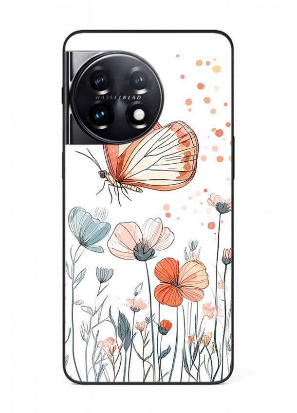 Hand-drawn butterfly meadow artwork on OnePlus 11R glass back cover with soft botanical illustration.