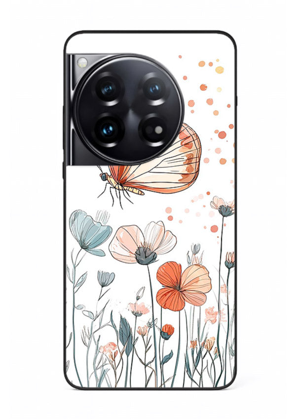Hand-drawn butterfly meadow artwork on OnePlus 12 glass back cover with soft botanical illustration.