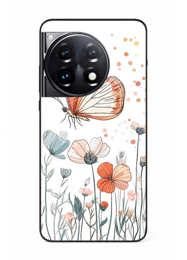Hand-drawn butterfly meadow artwork on OnePlus 12R glass back cover with soft botanical illustration.