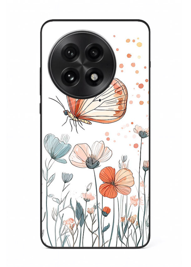 Hand-drawn butterfly meadow artwork on OnePlus 13 glass back cover with soft botanical illustration.