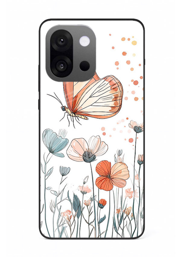 Hand-drawn butterfly meadow artwork on OnePlus 13s glass back cover with soft botanical illustration.