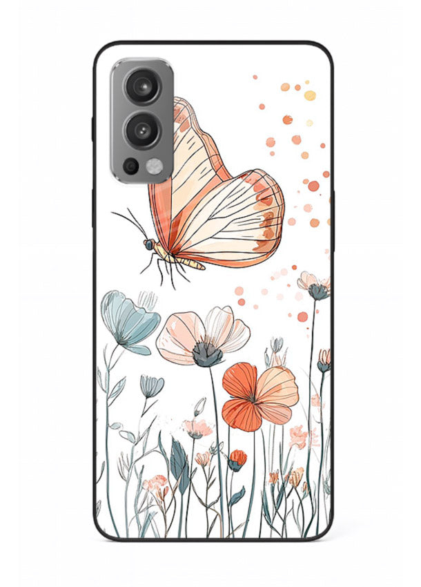 Hand-drawn butterfly meadow artwork on OnePlus Nord 2 glass back cover with soft botanical illustration.