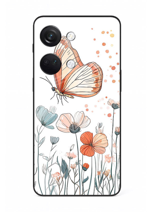 Hand-drawn butterfly meadow artwork on OnePlus Nord 3 glass back cover with soft botanical illustration.