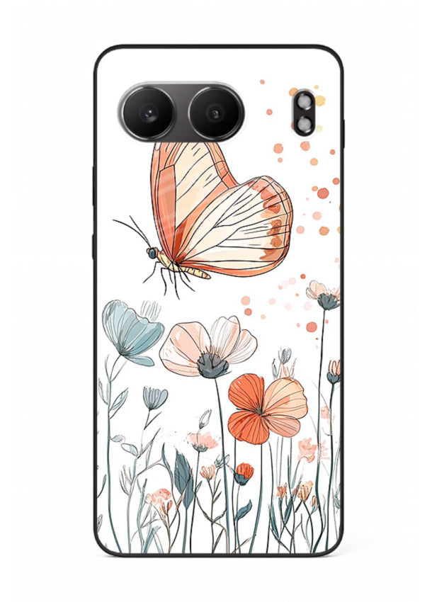 Hand-drawn butterfly meadow artwork on OnePlus Nord 4 glass back cover with soft botanical illustration.