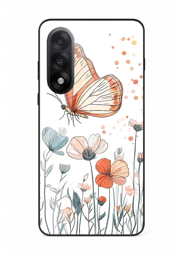Hand-drawn butterfly meadow artwork on OnePlus Nord 5 glass back cover with soft botanical illustration.