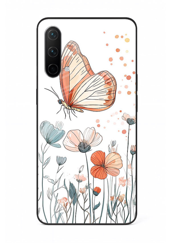 Hand-drawn butterfly meadow artwork on OnePlus Nord CE 5G glass back cover with soft botanical illustration.
