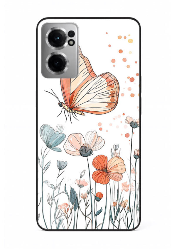Hand-drawn butterfly meadow artwork on OnePlus Nord CE2 5G glass back cover with soft botanical illustration.