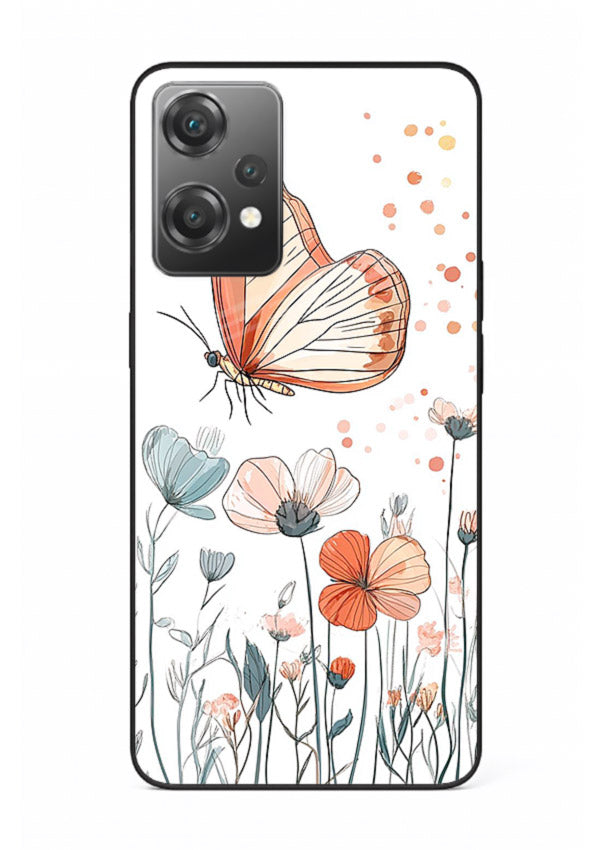 Hand-drawn butterfly meadow artwork on OnePlus Nord CE2 Lite 5G glass back cover with soft botanical illustration.