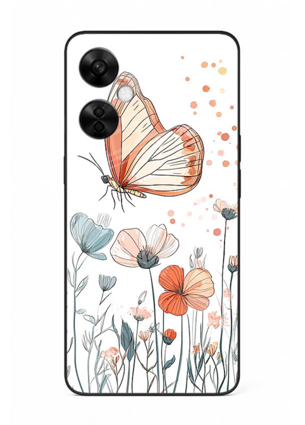Hand-drawn butterfly meadow artwork on OnePlus Nord CE3 Lite glass back cover with soft botanical illustration.