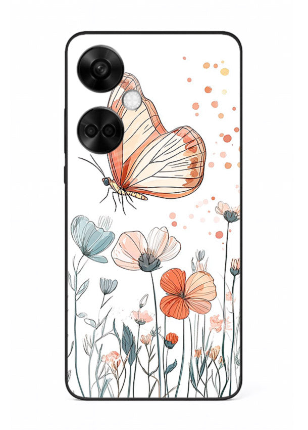 Hand-drawn butterfly meadow artwork on OnePlus Nord CE3 glass back cover with soft botanical illustration.