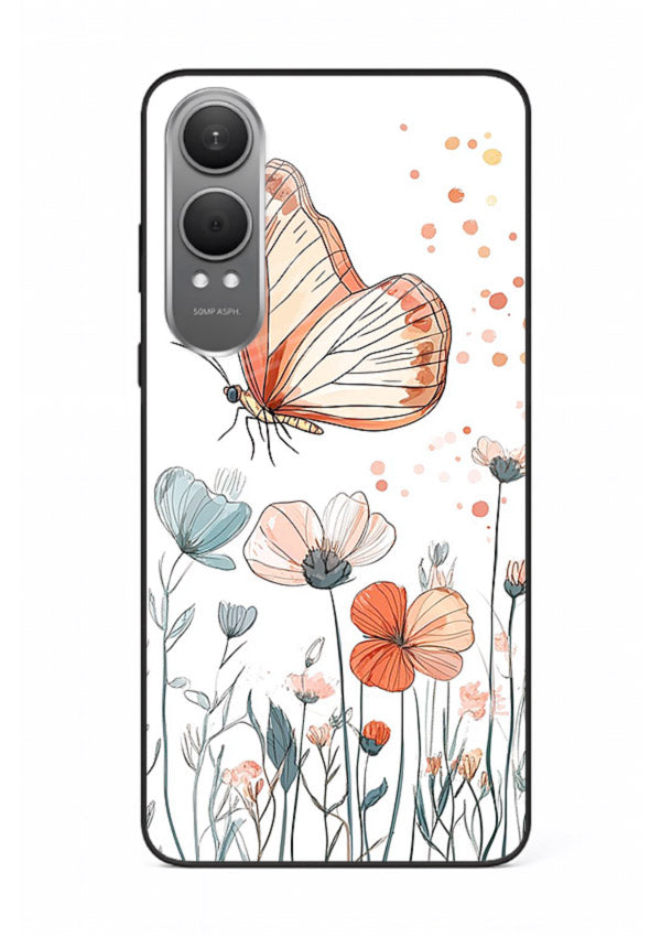 Hand-drawn butterfly meadow artwork on OnePlus Nord CE4 Lite glass back cover with soft botanical illustration.