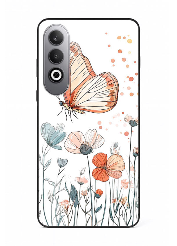 Hand-drawn butterfly meadow artwork on OnePlus Nord CE4 glass back cover with soft botanical illustration.