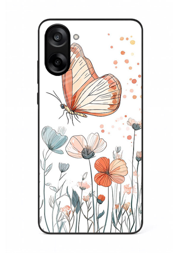 Hand-drawn butterfly meadow artwork on OnePlus Nord CE5 glass back cover with soft botanical illustration.