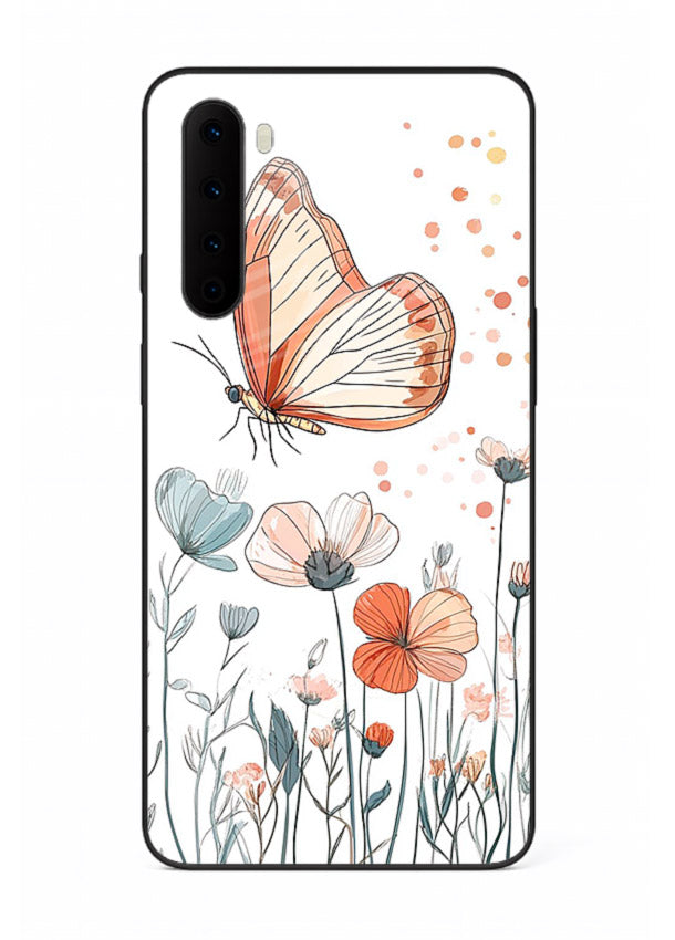 Hand-drawn butterfly meadow artwork on OnePlus Nord glass back cover with soft botanical illustration.