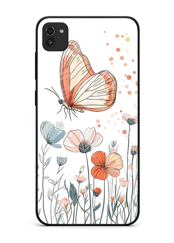 Hand-drawn butterfly meadow artwork on Samsung A03 glass back cover with soft botanical illustration.