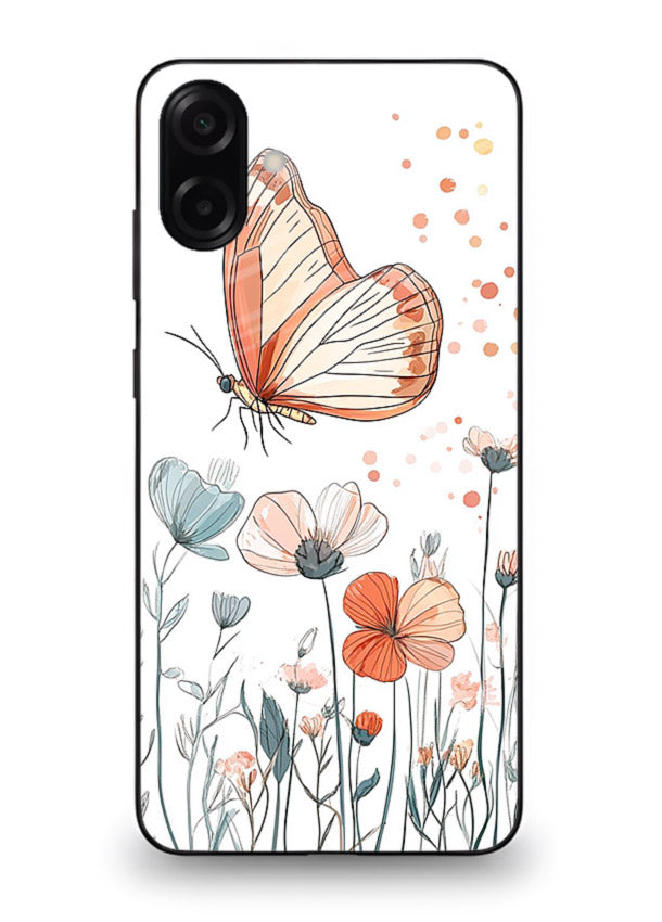 Hand-drawn butterfly meadow artwork on Samsung A07 4G glass back cover with soft botanical illustration.