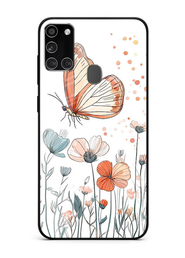 Hand-drawn butterfly meadow artwork on Samsung A21s glass back cover with soft botanical illustration.