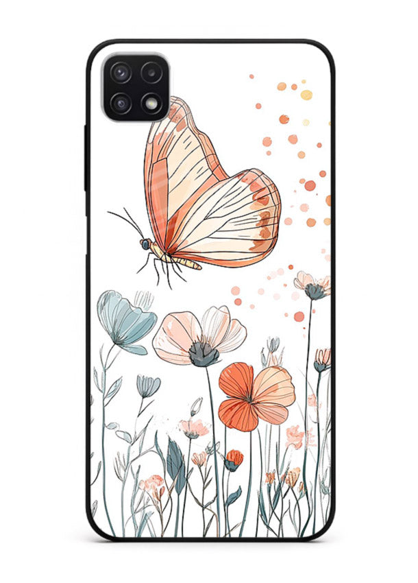 Hand-drawn butterfly meadow artwork on Samsung F42 5G glass back cover with soft botanical illustration.