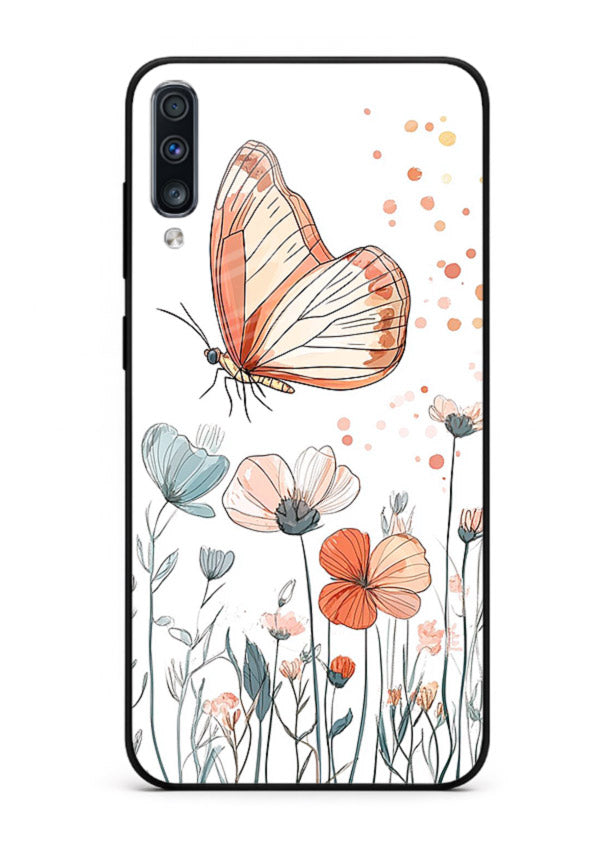 Hand-drawn butterfly meadow artwork on Samsung A50 glass back cover with soft botanical illustration.