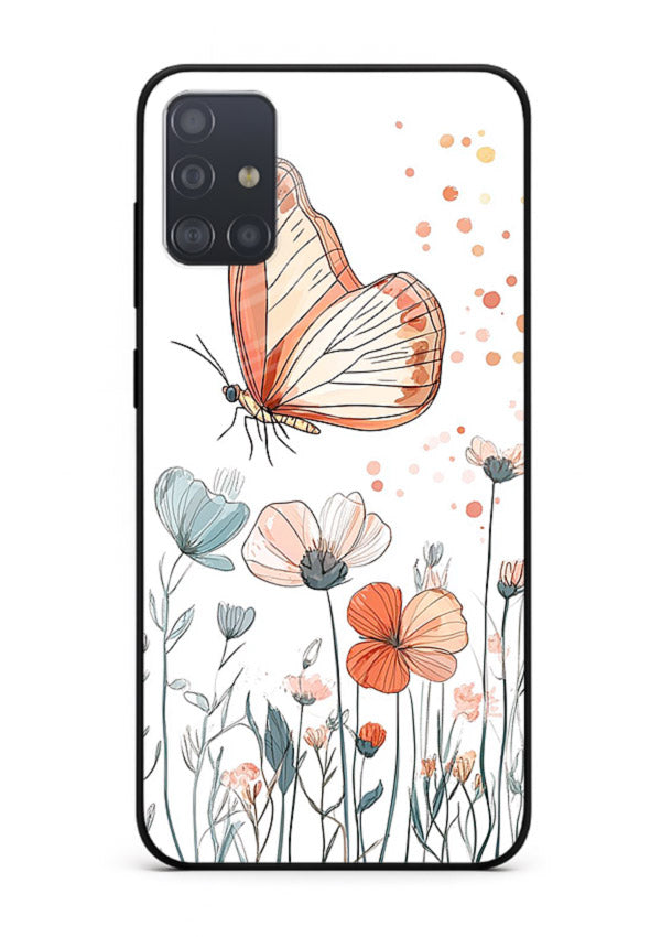Hand-drawn butterfly meadow artwork on Samsung A71 glass back cover with soft botanical illustration.