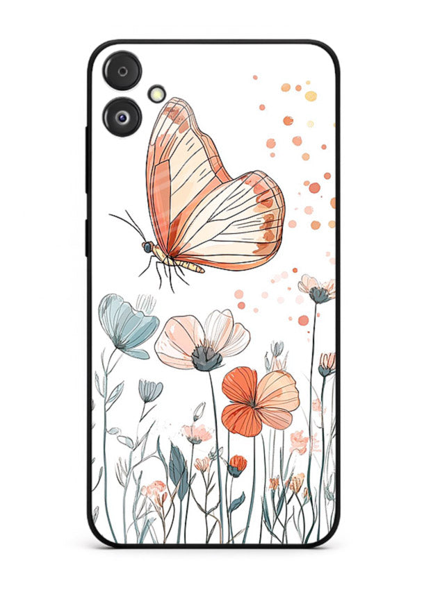 Hand-drawn butterfly meadow artwork on Samsung F14 5G glass back cover with soft botanical illustration.