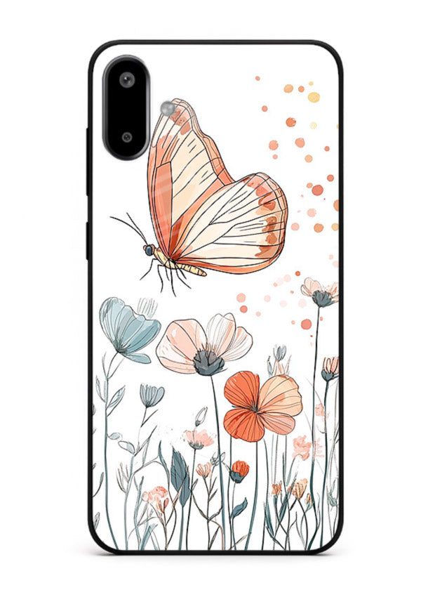 Hand-drawn butterfly meadow artwork on Samsung F06 5G glass back cover with soft botanical illustration.