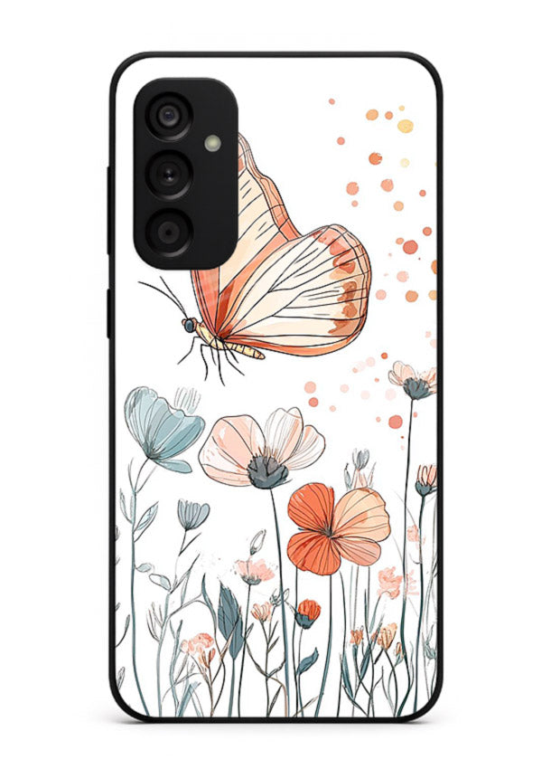Hand-drawn butterfly meadow artwork on Samsung M14 4G glass back cover with soft botanical illustration.