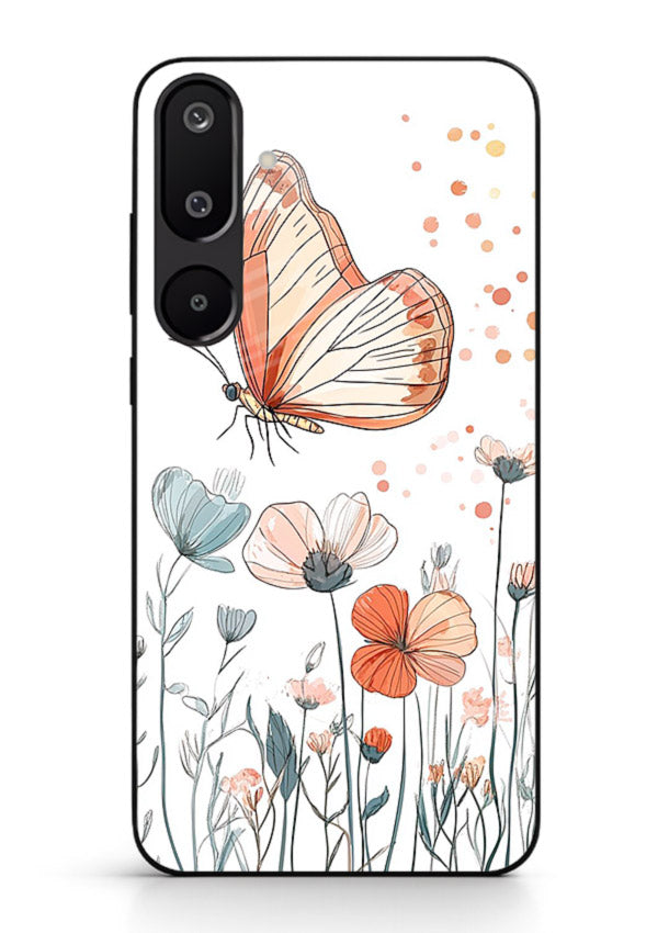 Hand-drawn butterfly meadow artwork on Samsung M16 5G glass back cover with soft botanical illustration.