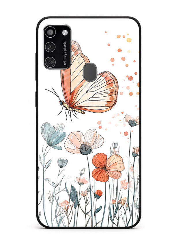 Hand-drawn butterfly meadow artwork on Samsung M30s glass back cover with soft botanical illustration.