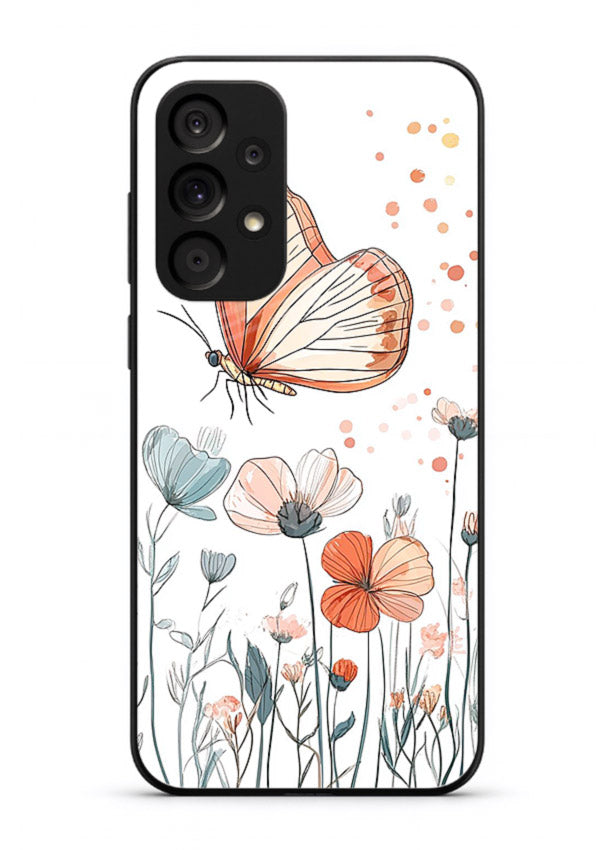 Hand-drawn butterfly meadow artwork on Samsung A73 5G glass back cover with soft botanical illustration.
