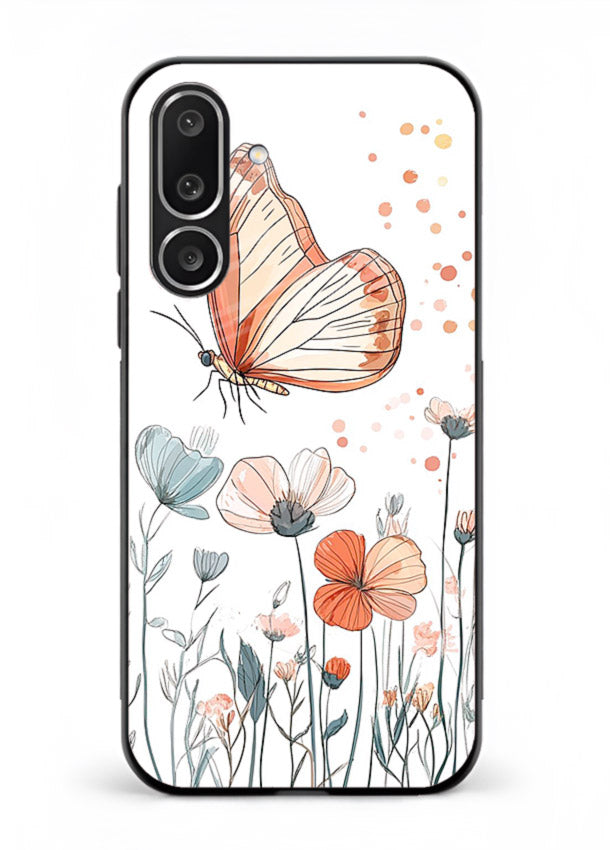 Hand-drawn butterfly meadow artwork on Samsung M56 5G glass back cover with soft botanical illustration.
