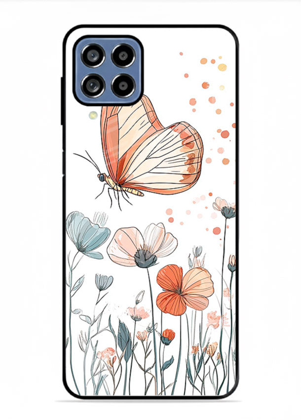 Hand-drawn butterfly meadow artwork on Samsung A22 4G glass back cover with soft botanical illustration.