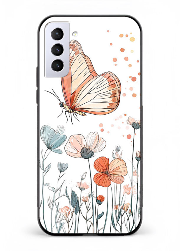 Hand-drawn butterfly meadow artwork on Samsung S21 Plus glass back cover with soft botanical illustration.