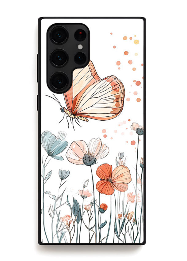 Hand-drawn butterfly meadow artwork on Samsung S24 Ultra glass back cover with soft botanical illustration.
