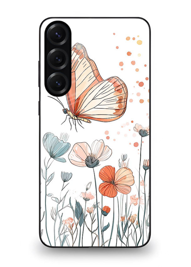 Hand-drawn butterfly meadow artwork on Samsung A36 5G glass back cover with soft botanical illustration.