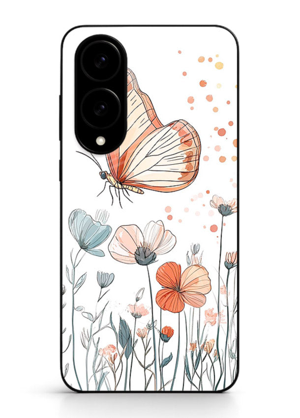 Hand-drawn butterfly meadow artwork on Samsung S25 Edge glass back cover with soft botanical illustration.