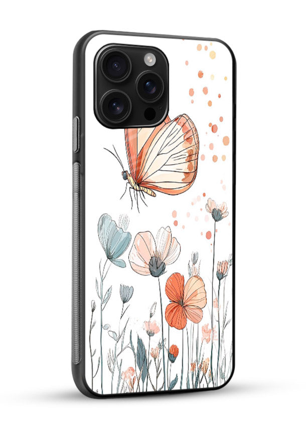 Hand-drawn butterfly meadow artwork on glossy vibrant premium glass back cover with soft botanical illustration. - Angle Side