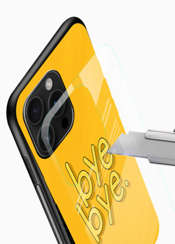 Bye Bye Text glass back cover with mustard yellow background and bold typography - 4