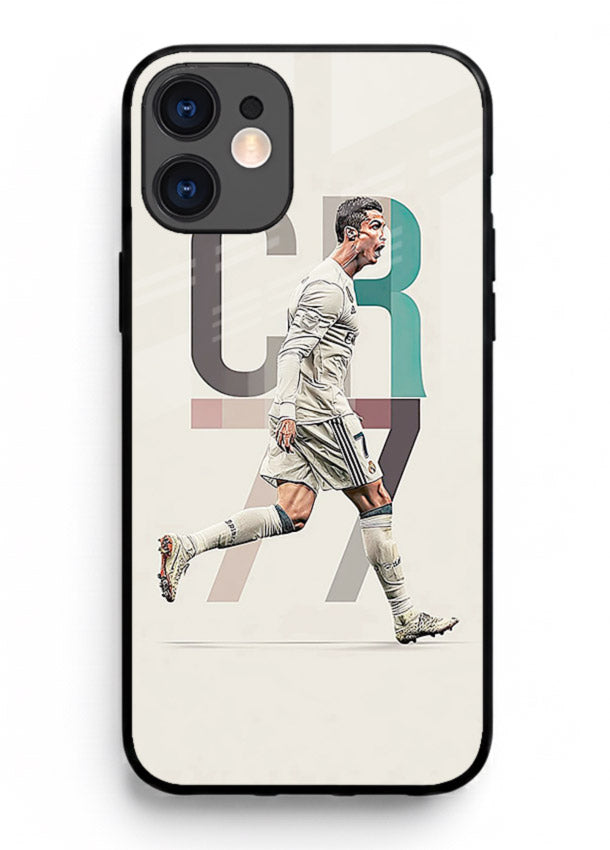 Minimal CR7 football silhouette printed on premium tempered glass iPhone 12 Mini back cover