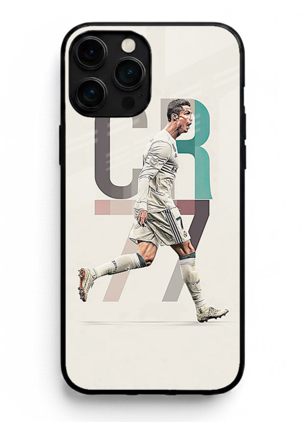 Minimal CR7 football silhouette printed on premium tempered glass iPhone 14 Pro Max back cover