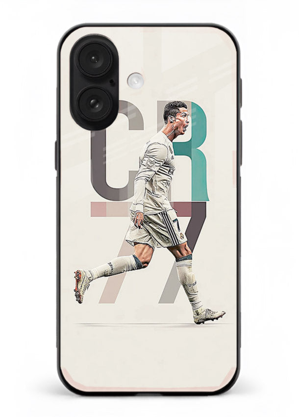 Minimal CR7 football silhouette printed on premium tempered glass iPhone 16 Plus back cover
